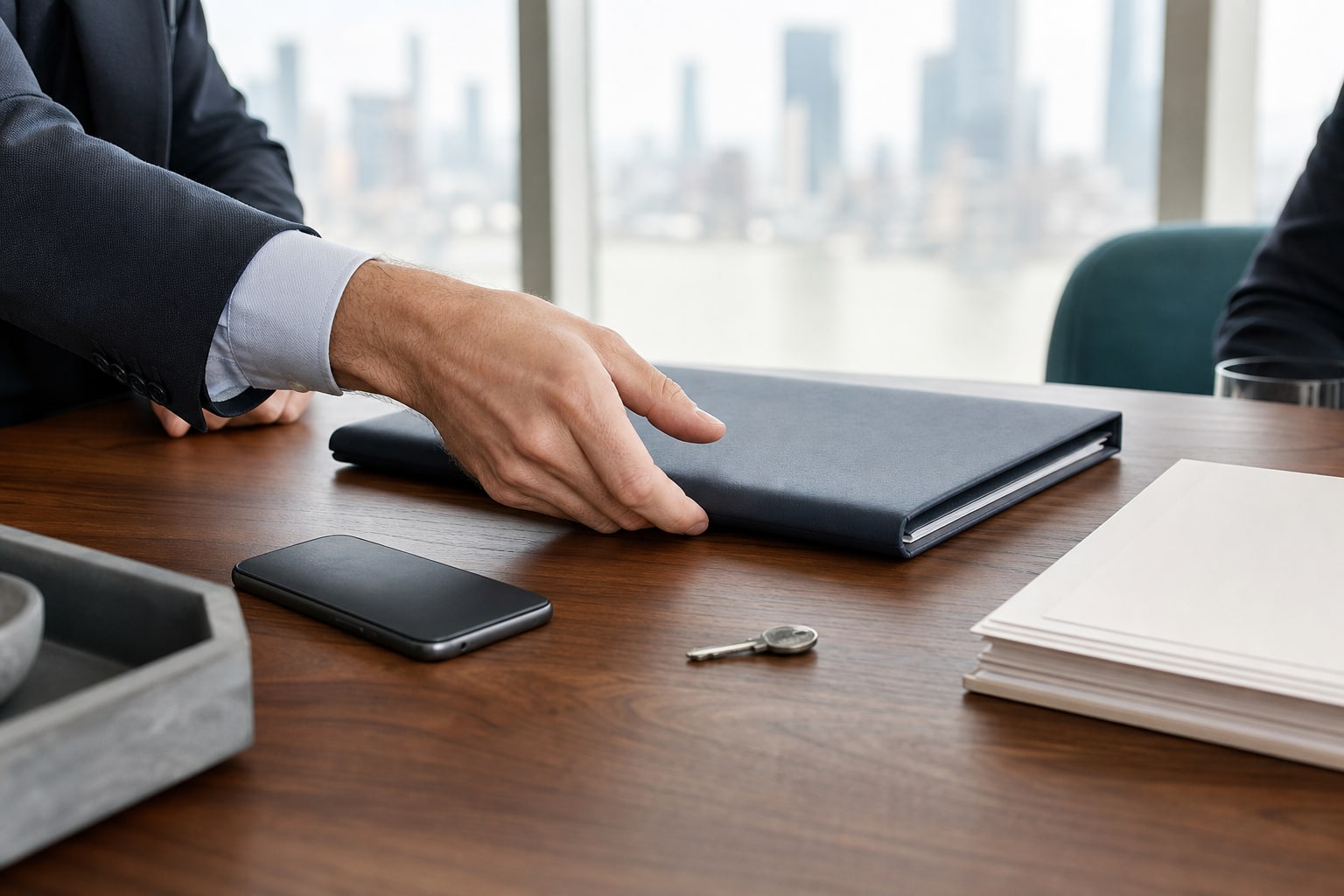 An advisor closing an unmarked document folio in a private conference room