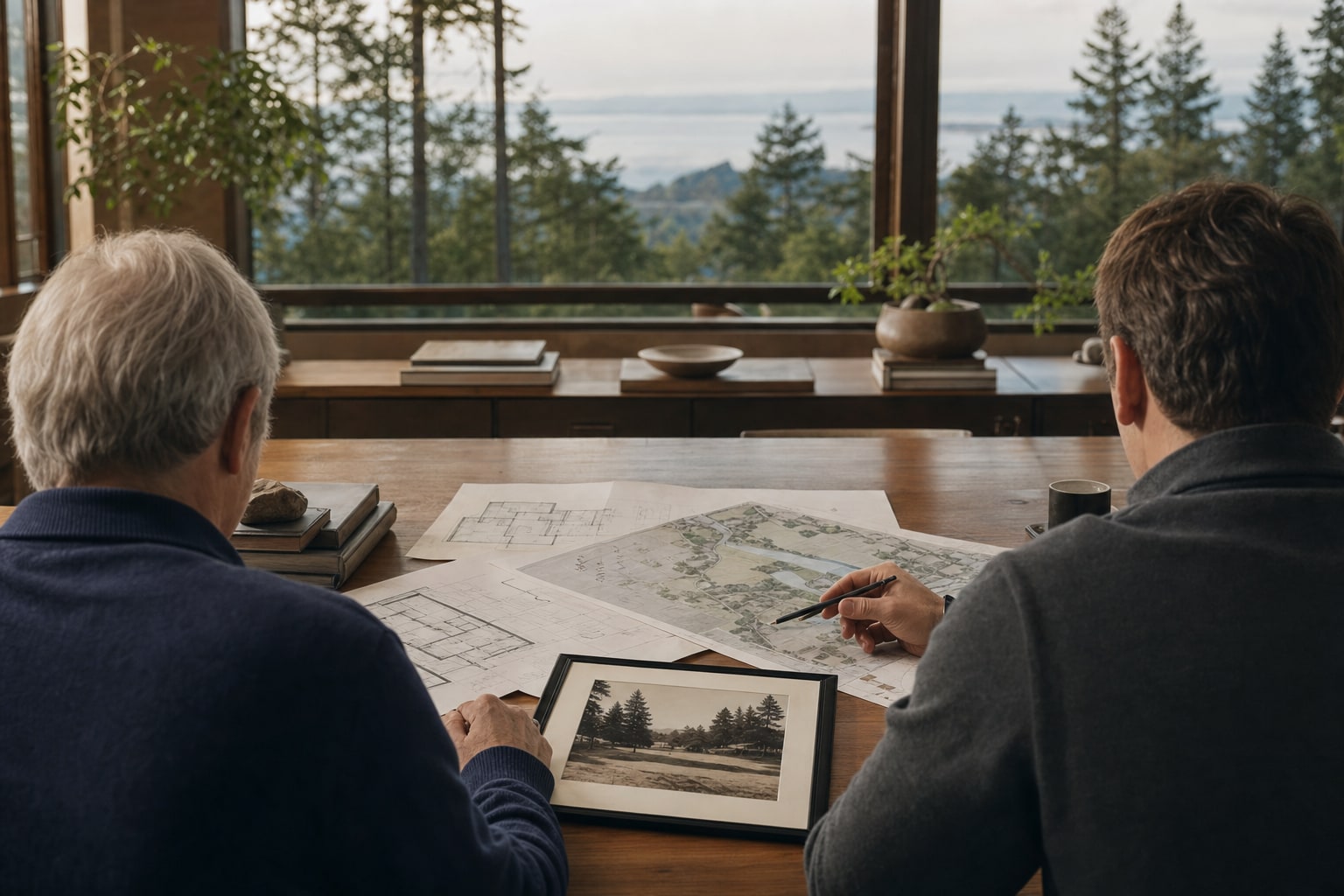 Two generations reviewing property plans and an archival real estate photograph