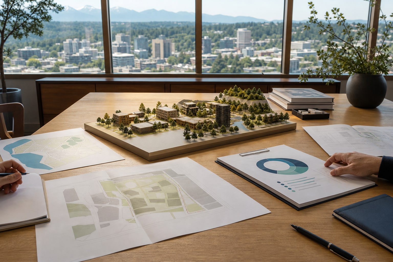 Architectural plans and a mixed-use scale model arranged for a portfolio strategy discussion