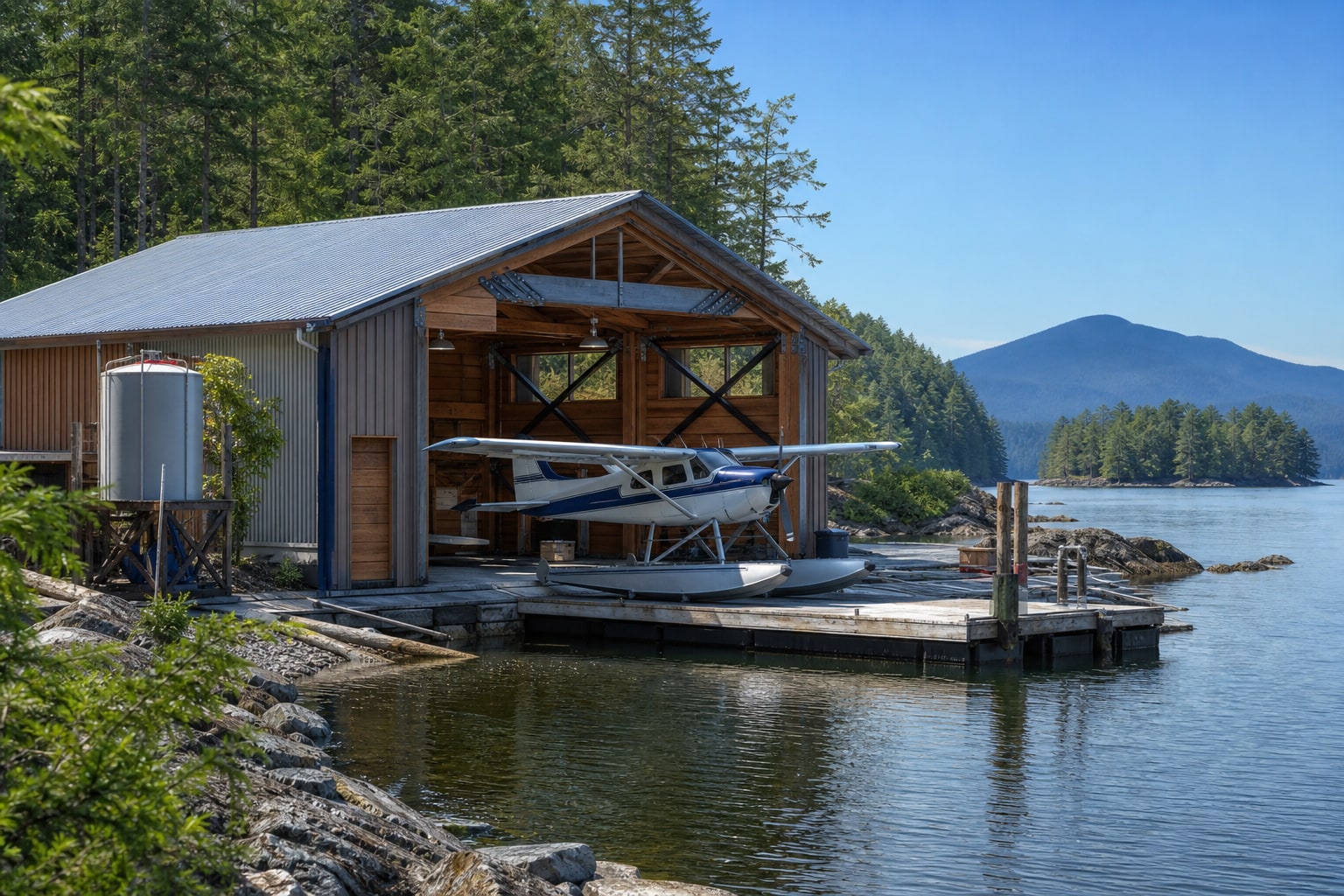 A waterfront aircraft hangar and floatplane on a forested Pacific Northwest shoreline