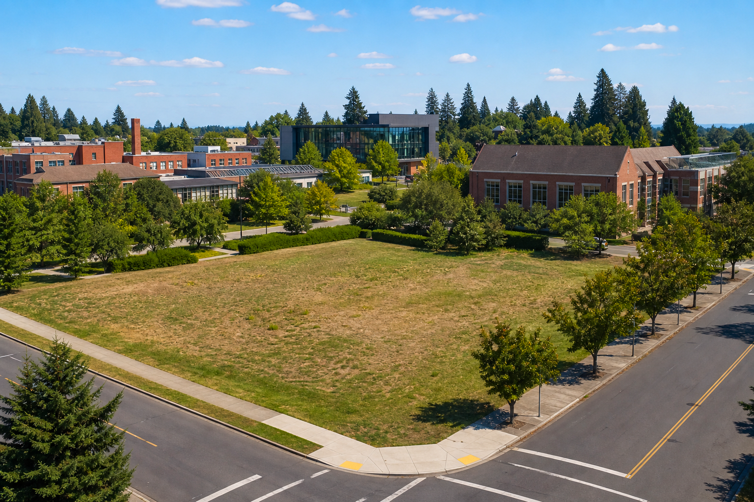 An illustrative institutional campus parcel in clear daylight with no identifying signage