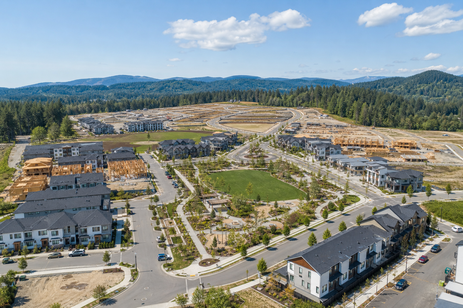 An illustrative master-planned town center in clear daylight with graded roads and early construction
