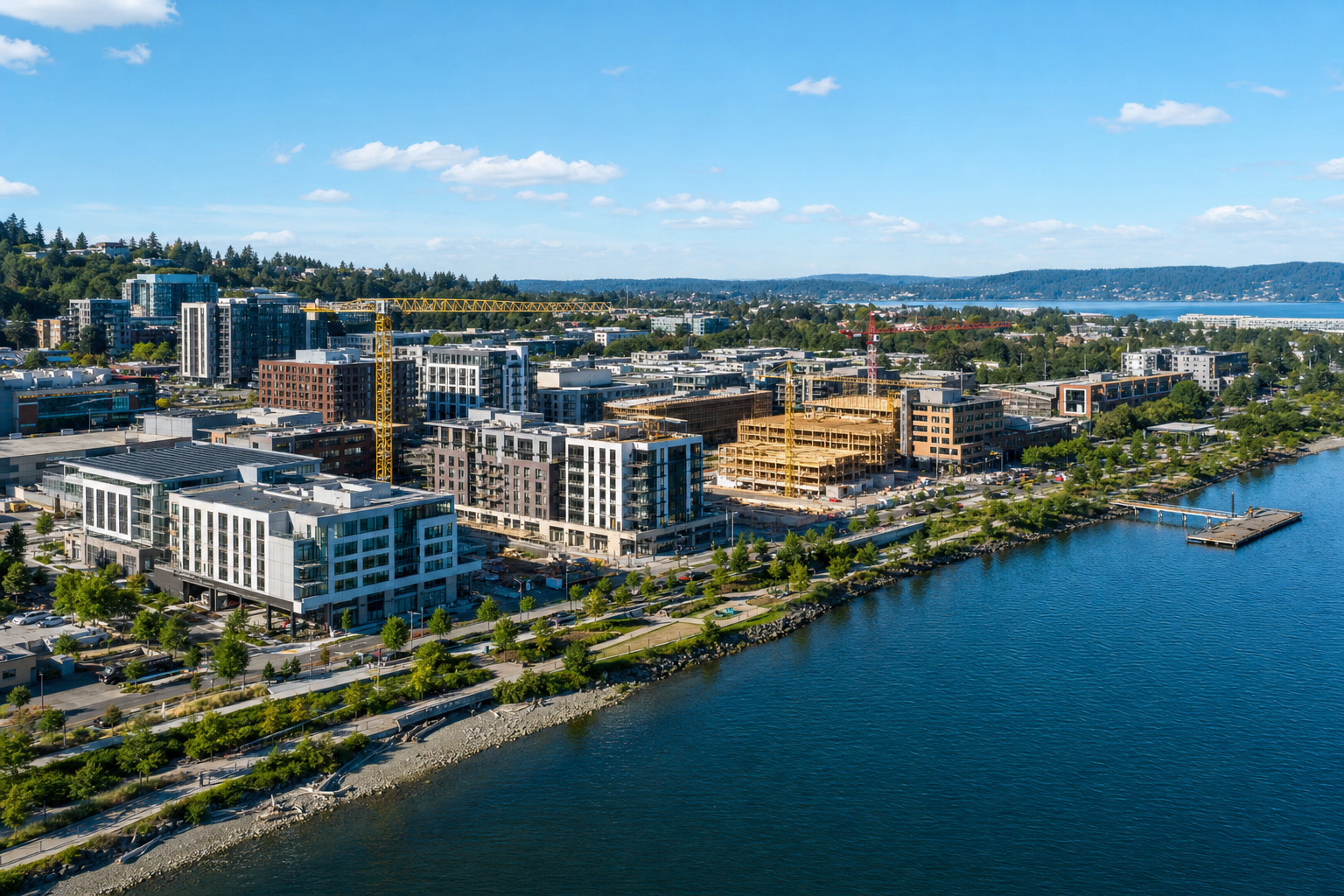 An illustrative waterfront redevelopment context in clear daylight with no identifying signage