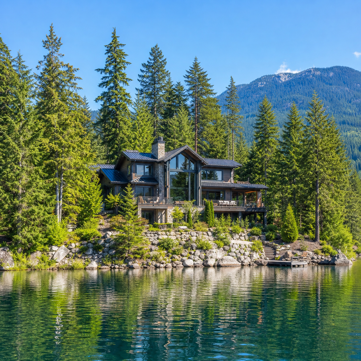 Illustrative modern mountain and lake home in clear daylight