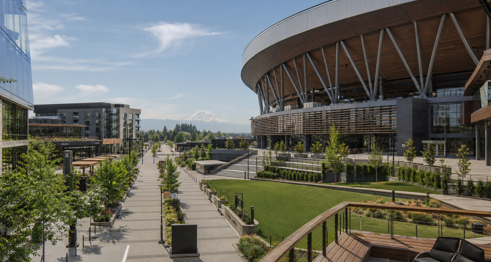Illustrative mixed-use sports and entertainment district in clear daylight